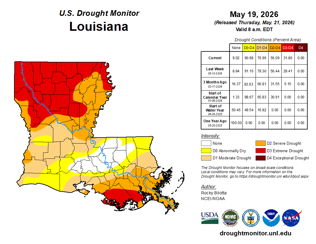 LaStateClimate's tweet photo. The new U.S. Drought Monitor was released today and it was a mix of improvements across southern Louisiana and degradations across northern Louisiana (data cutoff was Tuesday at 7AM).  With current and forecast rains, improvements will be likely next week. https://t.co/mZ2RIuKVcy