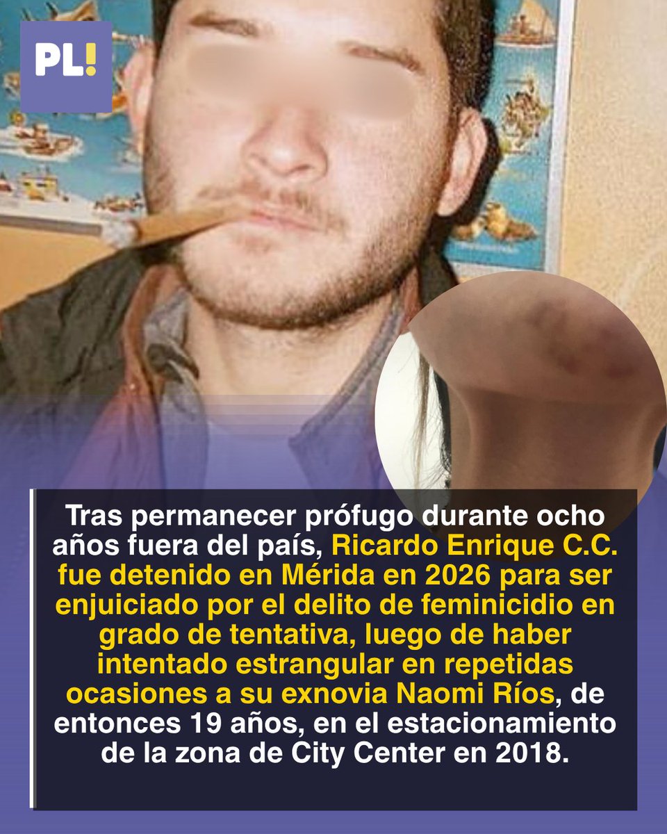 libres_proyecto's tweet photo. En 2018, Ricardo Enrique C.C. intentó estrangular a Naomi Ríos en el estacionamiento de #CityCenter, en #Mérida, molesto porque ella terminó el noviazgo. Tras dejarla inconsciente y creer que la había matado, el agresor huyó de #México y permaneció prófugo durante ocho años, https://t.co/4Hca5OuWZb