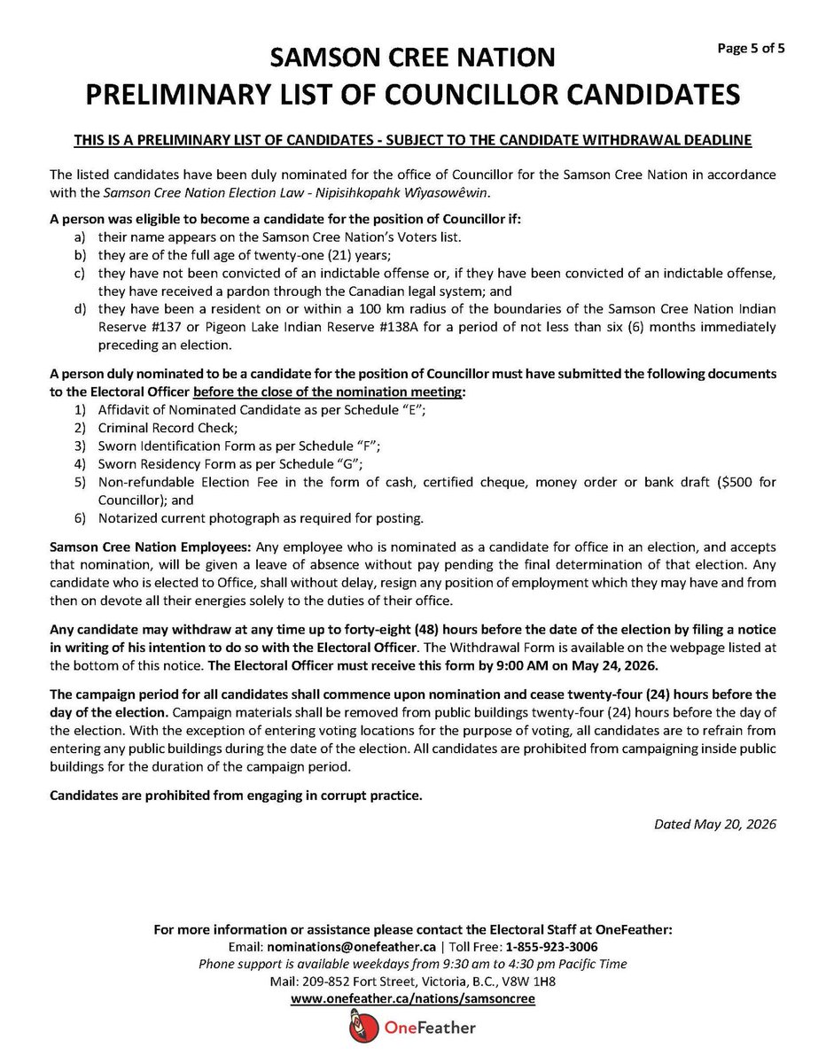 SamsonCree's tweet photo. Samson Cree Nation
Notice of Election for Councillors
Preliminary List of Councillor Candidates
https://t.co/eLt4438uCS https://t.co/rcuaE8Gnqy