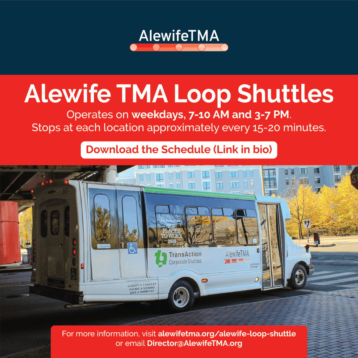 alewifetma's tweet photo. ๐ Make your commute easier with the Alewife Loop Shuttle! Connect between Alewife Station and nearby businesses & residential locations with convenient weekday service. View routes & schedules: https://t.co/J6puTN44yh
#AlewifeTMA #CommuteSmart https://t.co/3acsy2qpaj
