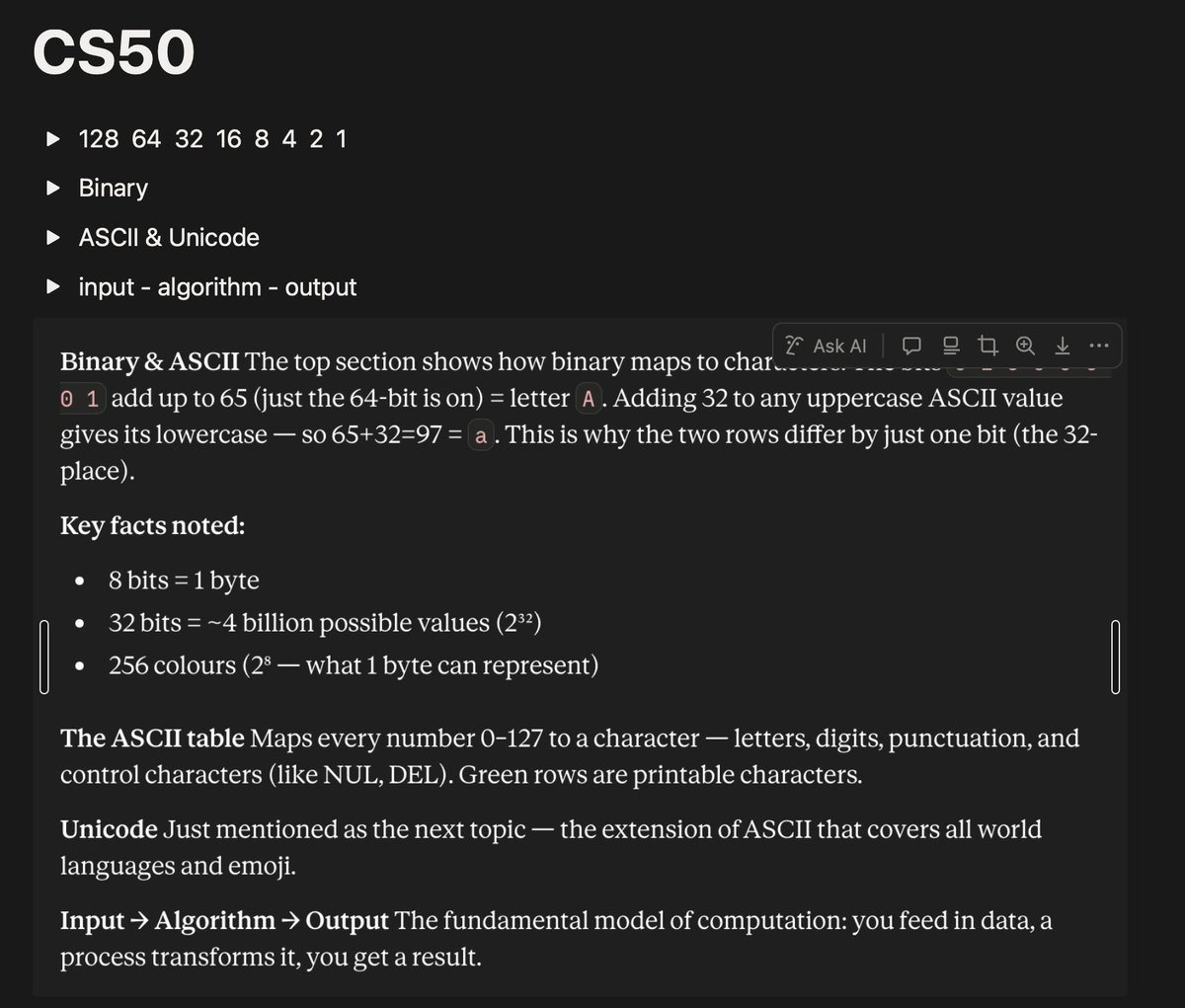 Katielin0207's tweet photo. #BuildInPublic #CS50 
Today's lesson solved a long-standing confusion: why storage and software always use 32, 64, 128, 256 rather than other numbers. I also love how ASCII works — it reminds me of passing secret Morse code messages with my deskmate in high school. https://t.co/PxKcv9mKXT