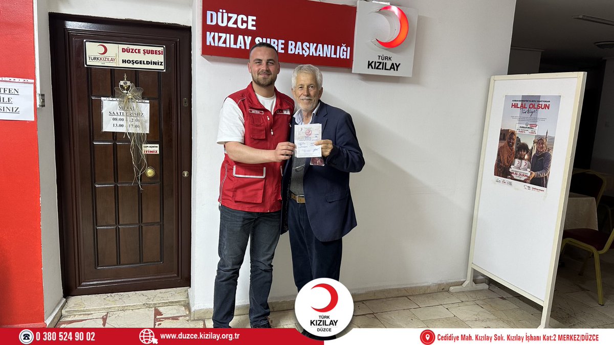 KizilayDuzceSb's tweet photo. 🟥 Kurban Vekâletini Kızılay Düzce iI Merkezi
Başkanlığı'mıza veren değerli bağışçımız Sn. İzzet Uysal’a bizlere olan güveni ve ihtiyaç sahipleri adına teşekkür ederiz. #SensizOlmaz🌙 https://t.co/JblcbF6vM4