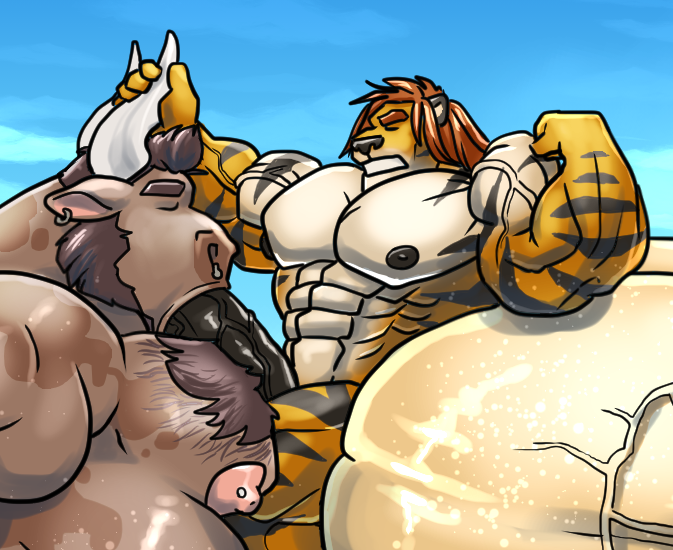Artizek's tweet photo. Taking care of that post-workout hard on with @ChocoBullBerry and @Ginormoraffe1. Full pic on Patreon: https://t.co/b9qFLDBA9y. https://t.co/oIbQ2Gu7l3