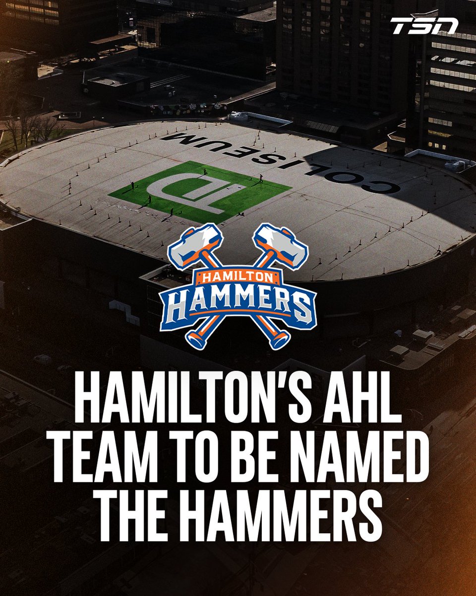 TSN_Sports's tweet photo. Hamilton's AHL team will be named the Hammers! 

Thoughts? 🤔 https://t.co/TWl656IGrc
