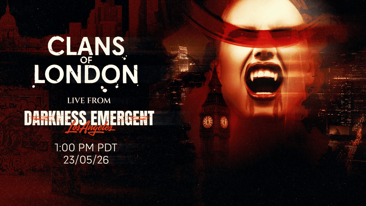 ClansofLondon's tweet photo. We’re going live from Darkness Emergent LA.

Join us on Twitch as we livestream the official Clans of London panel, talk Vampire: The Masquerade, competitive card gameplay, and what’s next for the night ahead.

📅 May 23
⏰ 1:00 PM PDT
📺 https://t.co/dOPkFy0h5f https://t.co/CUCD8Gjjfe