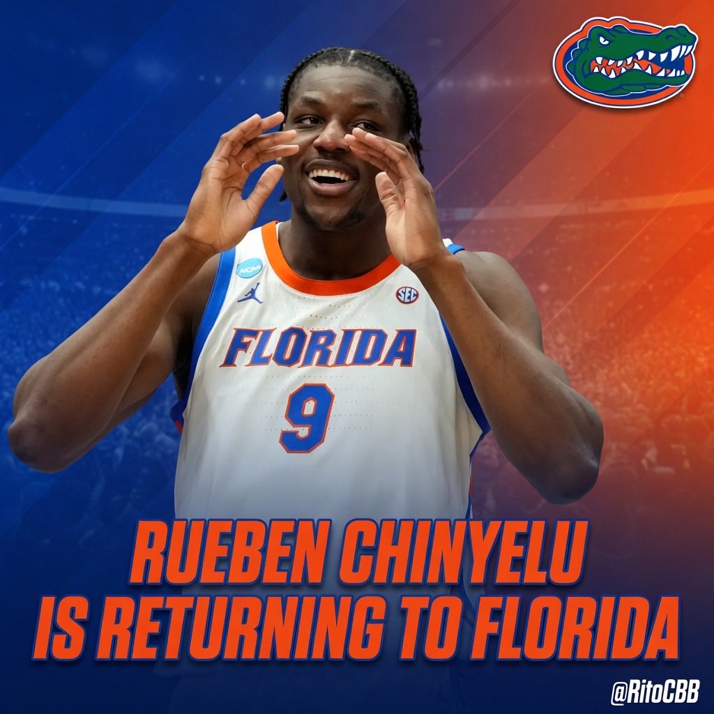 RitoCBB's tweet photo. BREAKING: Ruben Chinyelu has decided to withdraw from the NBA Draft, and return to Florida for his senior season.

The Gators are able to retain the defending Naismith Defensive Player of the Year. 🐊 

#CBB #NBADraft #Gators https://t.co/FF4BuJmjGk