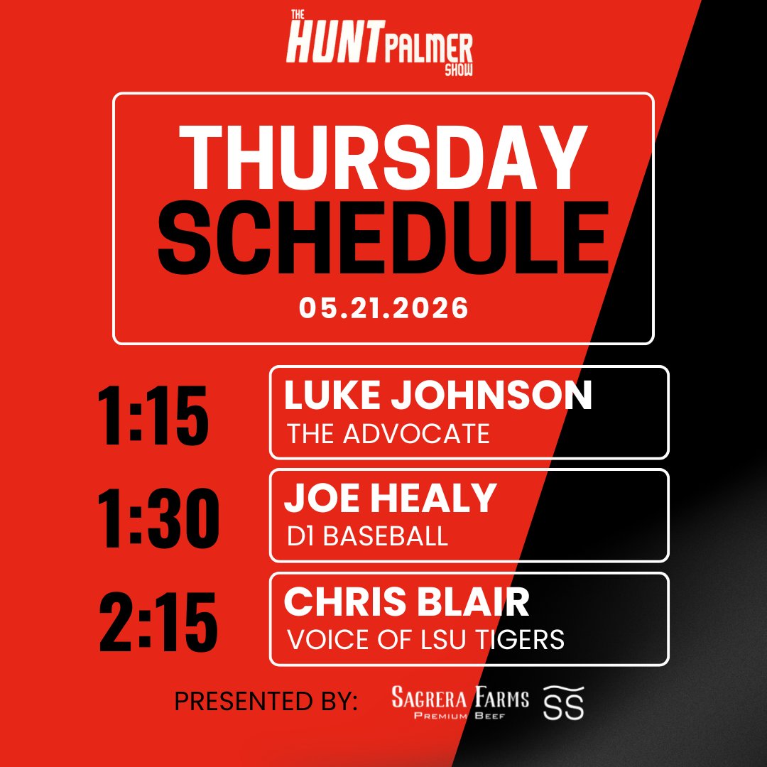 1045espn's tweet photo. 🚨Today on The Hunt Palmer Show presented by Sagrera Farms🚨

⏰1-3pm

⚜️1:15 - @ByLukeJohnson 
⚾️1:30 - @JoeHealyD1 
🐯2:15 - @LSUTigersVoice 

📺WATCH: https://t.co/AZXP9YSqQk
🎧LISTEN: https://t.co/6yCn5AqhEm https://t.co/lt17x0W39y
