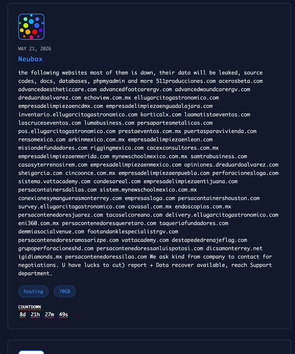 _venarix_'s tweet photo. #NOVA #ransomware group has listed #NEUBOX 🇲🇽 (@NEUBOX) on their blog as a possible victim of a #cyberattack.
#NEUBOX provides web hosting, domain registration, VPS, and infrastructure solutions for businesses and individuals throughout #Mexico 🇲🇽.
Monitor this incident on #VenariX ➡️ https://t.co/bgVoqcEHEN
#CyberAttack #CyberSecurity #InfoSec #hosting #domain #Internet #Guadalajara #Jalisco #CDMX