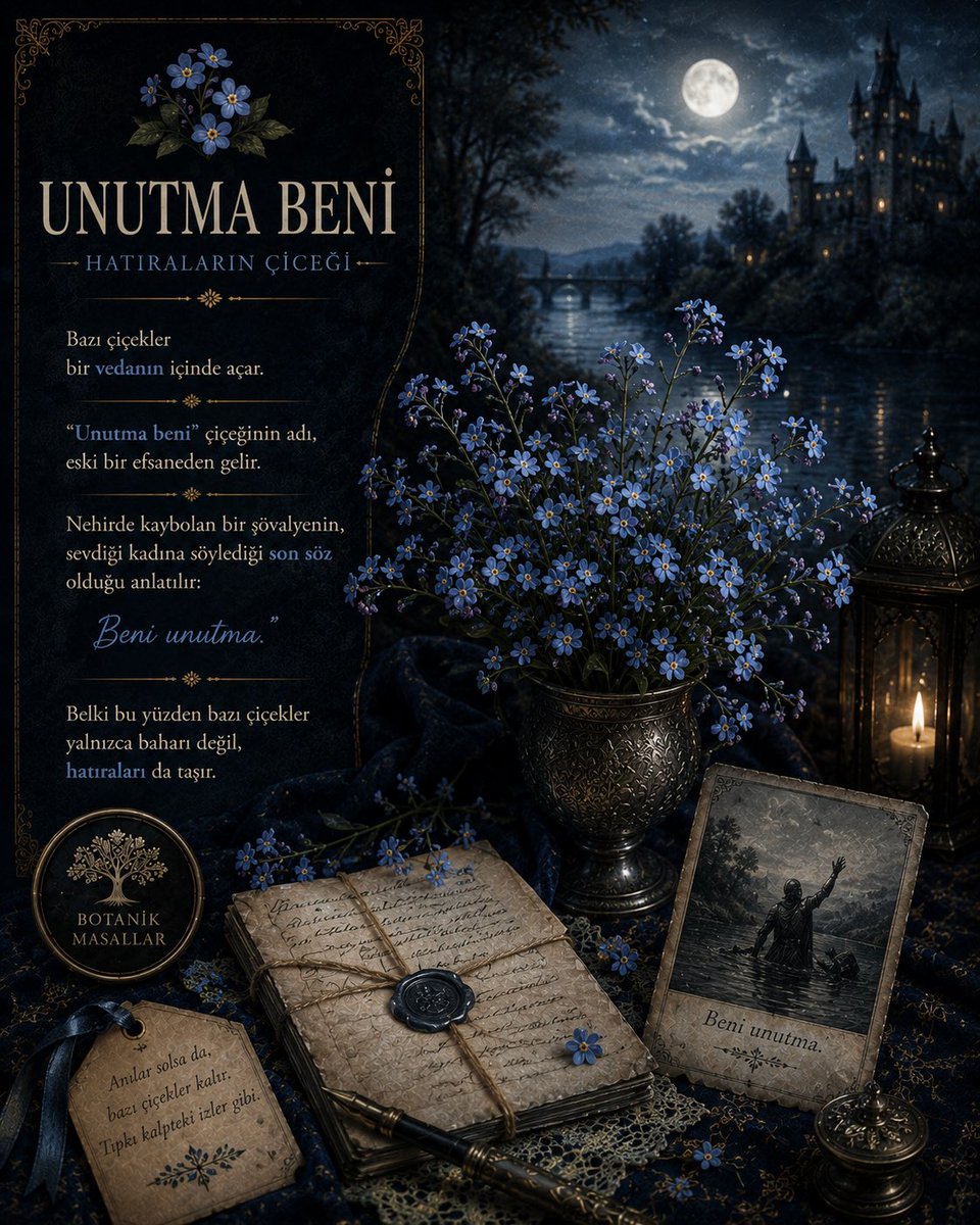 BotanikMasallar's tweet photo. Bazı çiçekler bir vedanın içinde açar.

“Unutma beni” çiçeğinin adı,  
eski bir efsaneden gelir.

Nehirde kaybolan bir şövalyenin,  
sevdiği kadına söylediği son söz olduğu anlatılır:

“Beni unutma.”

Belki bu yüzden bazı çiçekler  
yalnızca baharı değil,  
hatıraları da taşır. https://t.co/NYK18qpwVF
