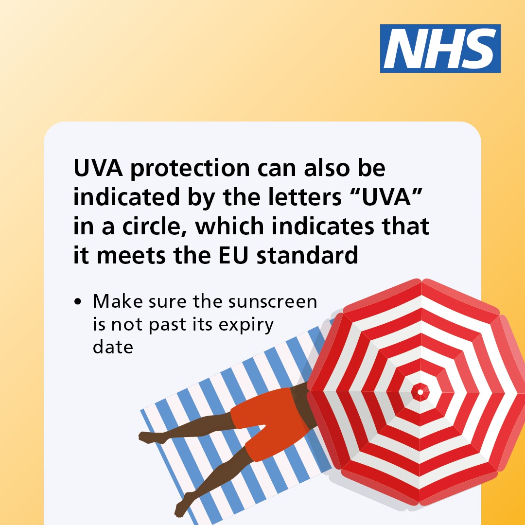 NHSuk's tweet photo. As the weather heats up this weekend, make sure you stock up on sunscreen!

Even if it’s cloudy, UV rays can still cause sunburn. Follow this advice to avoid getting burnt, and reduce your risk of developing skin cancer.

Visit our website for more info on sun safety ⬇️
