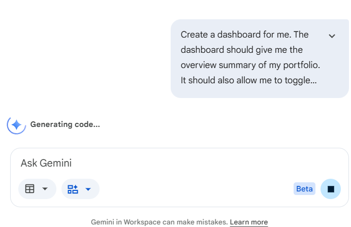 kafaak's tweet photo. ึึคิดว่า Gemini + Google Sheet มันจะสร้าง Canvas ที่ให้เราทำ Dashboard สรุปพอร์ตการลงทุนในแบบที่เราอยากไ��้ ได้มากแค่ไหนนะ ถ้ามันทำได้ดีมากๆ นี่แบบ เฉียบ https://t.co/OIug3EEF0I