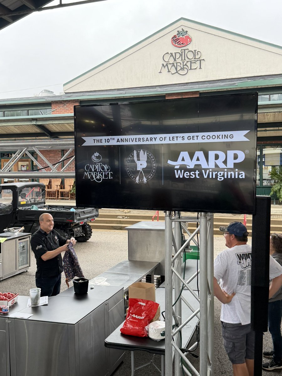AARPWV's tweet photo. We’re ready to kickoff Season TEN of @CapitolMarketWV’s Let’s Get Cooking with Chef Paul Smith &amp; @playDJEJ. Come join us - out of the rain and in the dry - for our opening cooking demo featuring May Market Favorites and early season fresh produce. Come join us TODAY at 11:30 a. https://t.co/oCRLbNntAZ