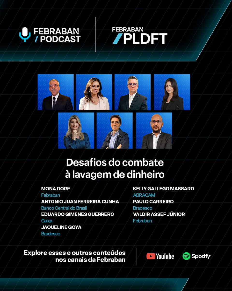 FEBRABAN's tweet photo. O avanço das transações digitais e da economia globalizada impõe novos desafios à prevenção de crimes financeiros. A resposta passa por tecnologia, integração entre instituições e uma revisão profunda dos modelos tradicionais de prevenção.​

Esse foi o centro do debate entre bancos e reguladores no novo episódio do Febraban Podcast, a partir das discussões do 15º Congresso de PLDFT, promovido pela Febraban.​

Participam da conversa: Valdir Assef Jr. (Febraban); Eduardo Guerrero (Caixa); Kelly Gallego Massaro (ABRACAM); Antonio Juan Ferreira Cunha (Banco Central); Jaqueline Goya (Bradesco); Paulo Carreiro (Bradesco); Mona Dorf (Febraban).​

Ouça no Spotify ou na sua plataforma de áudio preferida: https://t.co/ojo4OsPgXw

#Febraban #Podcast #Segurançabancária