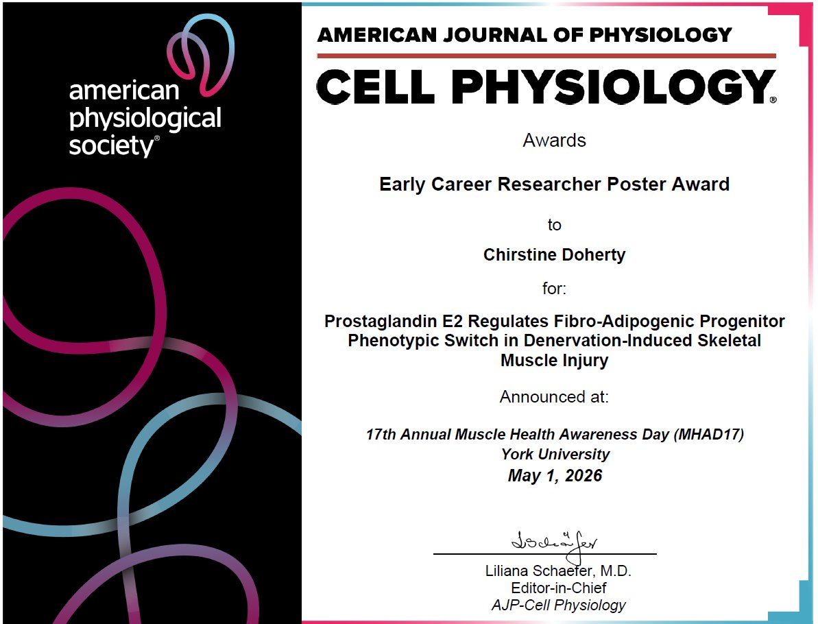AJPCellPhys's tweet photo. #AJPCell would like to congratulate Christine Doherty and Azin Tariniya Gilani on receiving the Best Early Career Researcher Poster Award at the 17th Annual Muscle Awareness Day at York University! Outstanding achievement and well deserved recognition! 👏
https://t.co/zzDyUSFuml https://t.co/dAsOrJEUCp