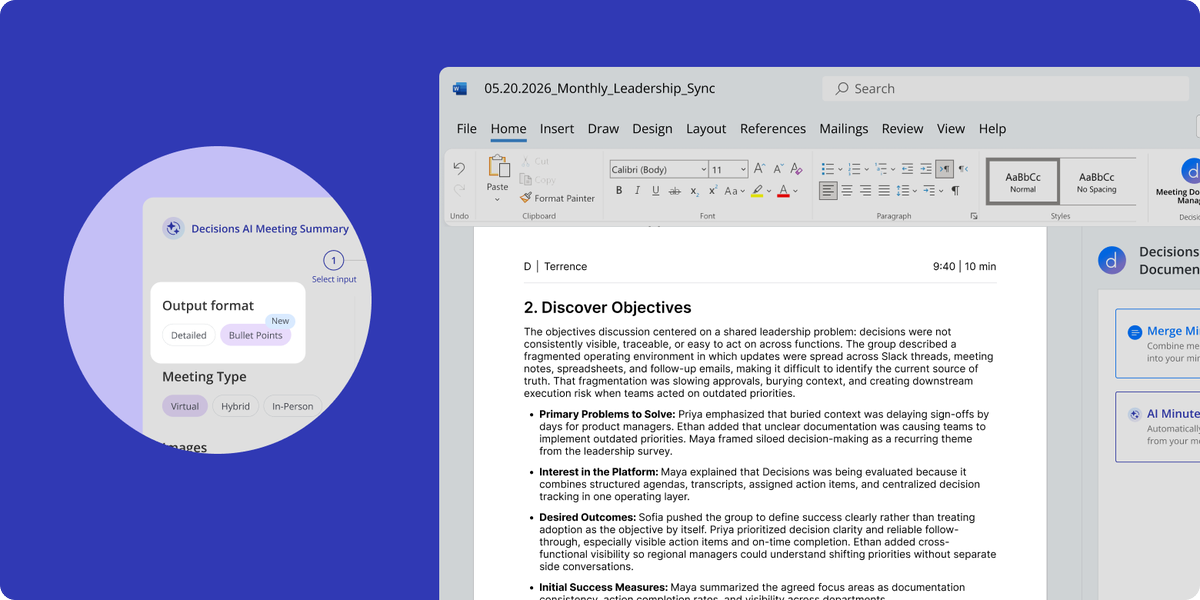 decisions's tweet photo. Decisions AI Recaps and Minutes just got a major upgrade! 🚀

✅ Upgraded AI generates sharper takeaways and action items
✅ Optional Bullet Point formatting for Minutes
✅ Smarter AI modifications to drafts – ask for more detail or a different style that fits your team https://t.co/DZXXLFcZXy
