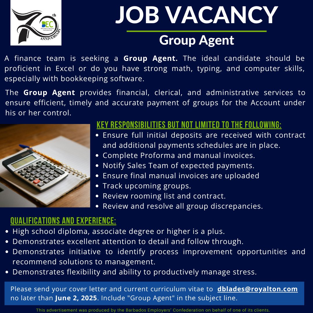 BecBusiness's tweet photo. Apply Today!! - Group Agent - Deadline is June 2nd, 2026.

Interested applicants should send their applications to dblades@royalton.com

#barbadosemployersconfederation #hiringnow #barbados #vacancy #CareerOpportunity https://t.co/tPOLndJJya