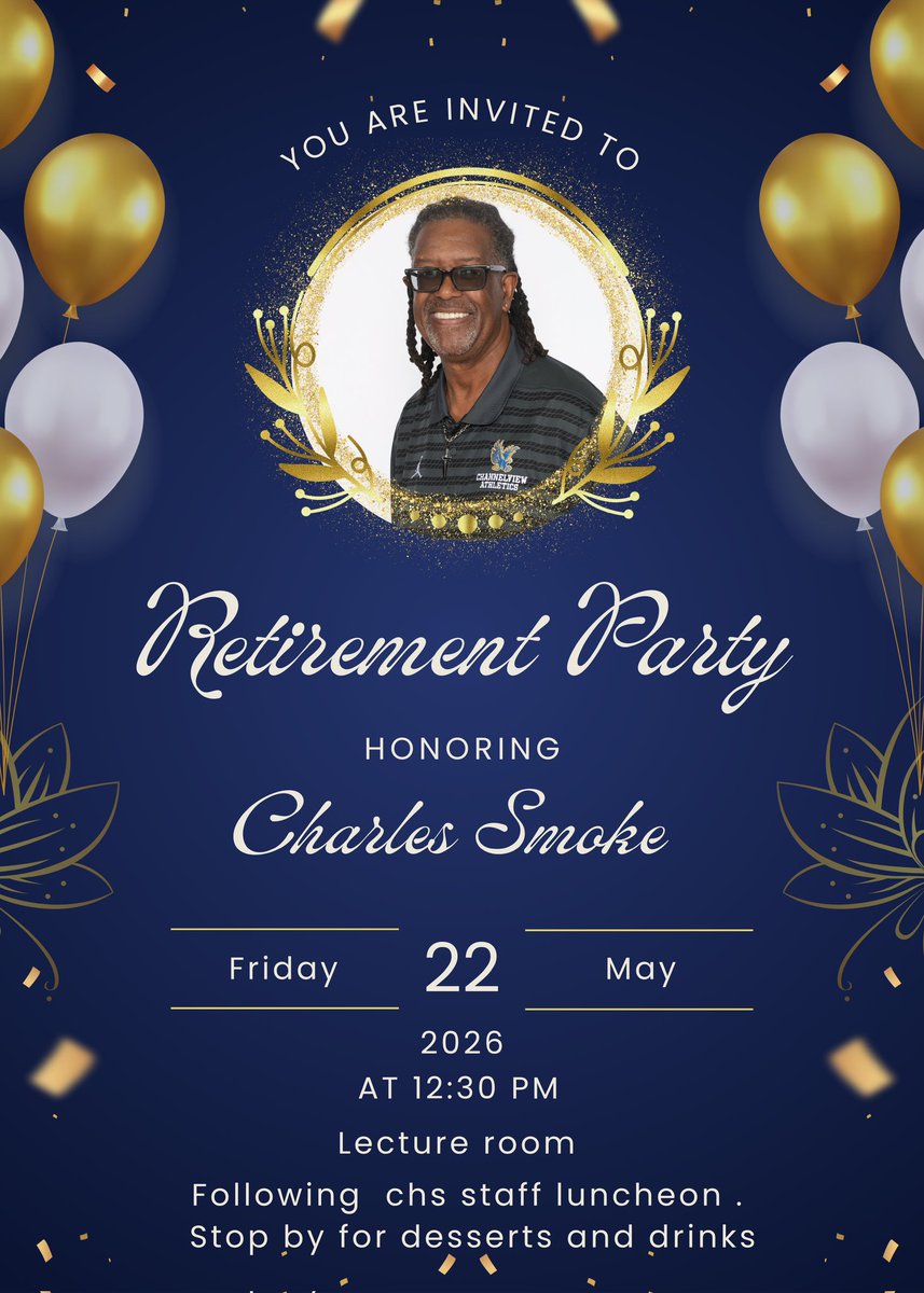 falconsofchs's tweet photo. 🎉 Join us as we celebrate an incredible career and honor Coach Charles Smoke on his retirement!
📅 Friday, May 22, 2026
⏰ 12:30 PM
📍 CHS Lecture Room

Thank you for everything, Coach Smoke!
#FalconPride #ChannelviewAthletics https://t.co/pwZktI1wBK