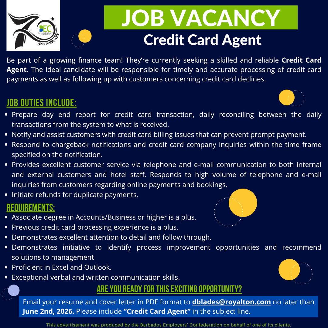 BecBusiness's tweet photo. Apply Today!! - Group Agent - Deadline is June 2nd, 2026.

Interested applicants should send their applications to dblades@royalton.com

#barbadosemployersconfederation #hiringnow #barbados #vacancy #CareerOpportunity https://t.co/CUDXIP7E9p