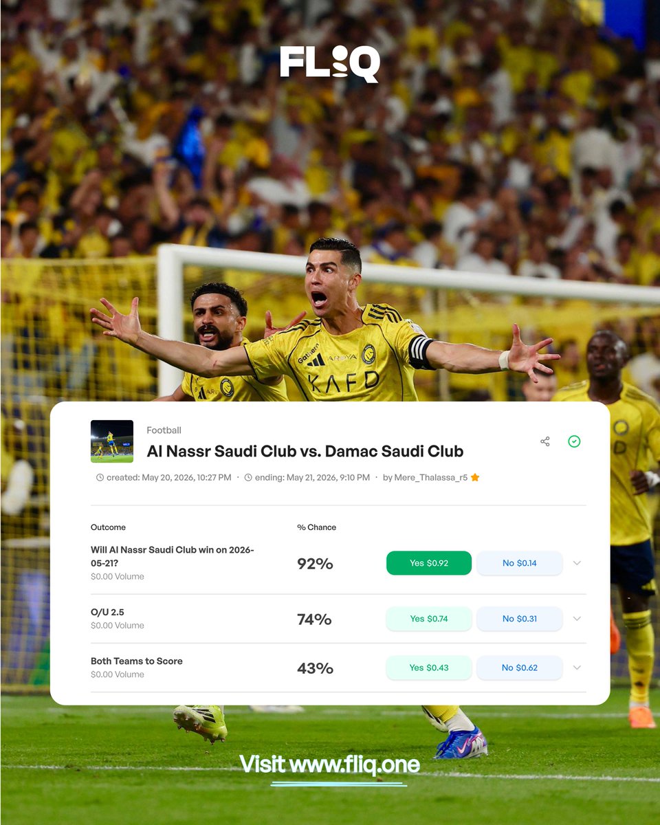 predictonfliq's tweet photo. All eyes back on the Saudi Pro League for the final gameweek drama! 🔥

Al Nassr and Al Hilal both still in the title race… but advantage Al Nassr if they get all 3 points tonight.

Maybe this is it for Ronaldo and AlNassr

Trade these matches 👇 https://t.co/DSY5TdIx8m
