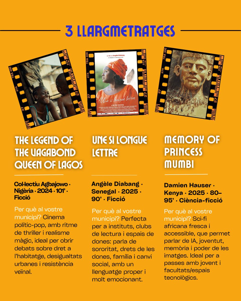 FICAC_'s tweet photo. 🔹Vols portar el @ficac_ al teu municipi?

Apropa una proposta cultural única al teu poble o ciutat amb el millor dels cinemes africans contemporanis:

3️⃣Curtmetratges
3️⃣Llargmetratges
🎬Dinamització i cinefòrum

🎥Coneix els films de la 5a edició!

🔗https://t.co/7eVeDRnKtZ https://t.co/CHCBQ61dAd
