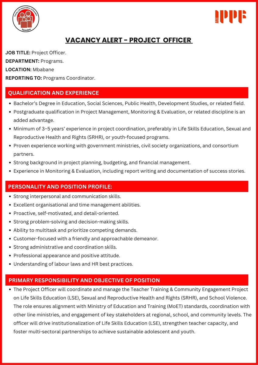 FLAS79's tweet photo. Vacancy Alert !!
Project Officer.
Send your CV, Cover letter, Certified Copies  of Academic certificates and three names for professional references to The Finance and Administration Manager at recruitment@flas.org.sz.
The deadline for submission is 22 May 2026 https://t.co/l1sT6ec5s5