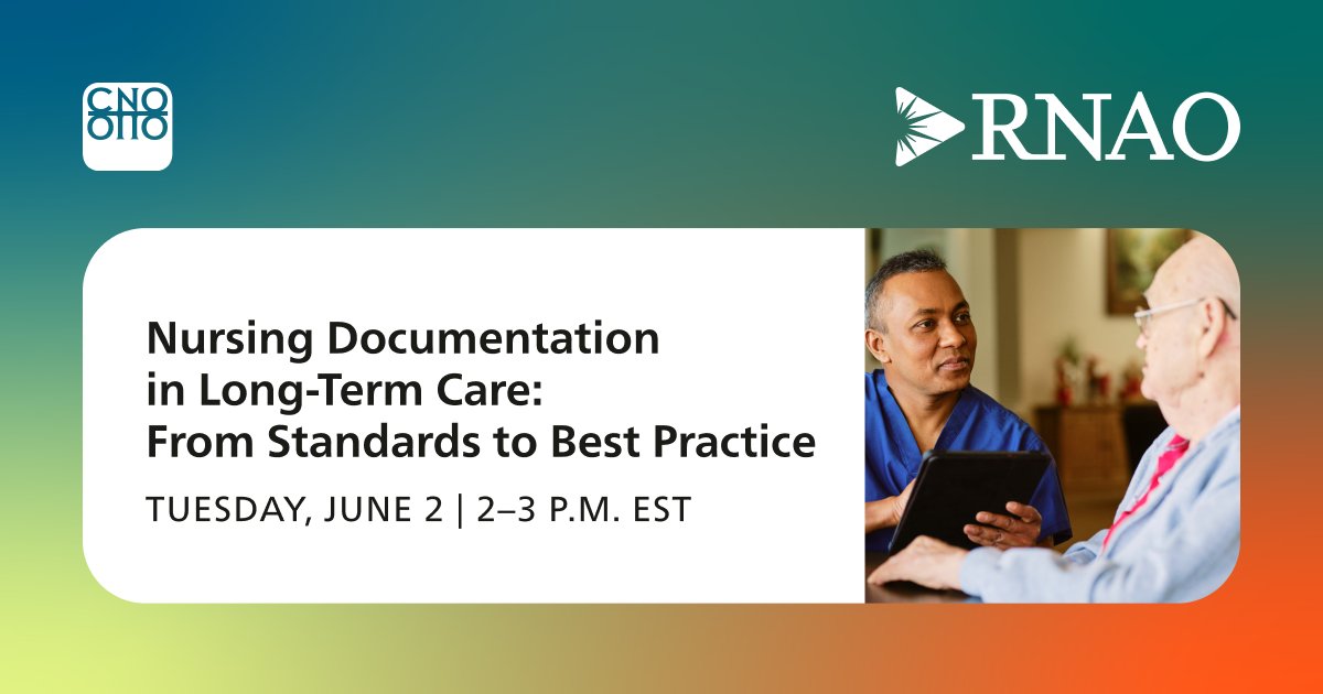 RNAO's tweet photo. Join a practical webinar on nursing documentation in long-term care, hosted by the CNO in partnership with RNAO. Learn how the updated documentation standard, and application of best practice guidelines support quality care.

ℹ️Learn more: https://t.co/EQEkWNjmaj

📅 June 2, 2026 | ⏰ 2 – 3 p.m. Eastern Standard Time
🔗 Join us:
https://t.co/Ex6qfxxtYa