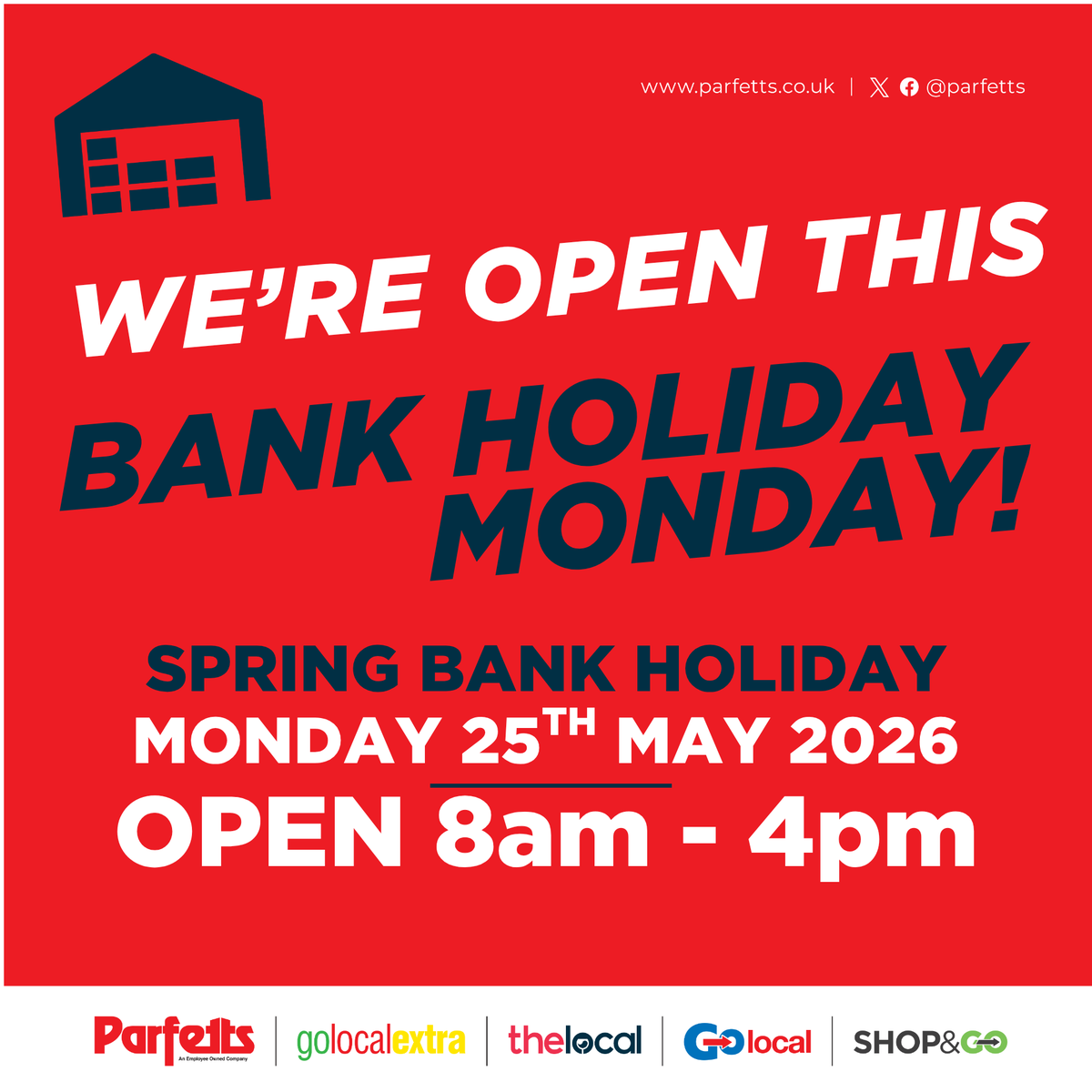Parfetts's tweet photo. 📢 Monday 25th May Spring Bank Holiday Opening Hours:

📍 Anfield, Aintree, Birmingham, Middlesbrough, Stockport, Halifax, Southampton &amp; Sheffield depot: 
🕗 8:00am – 4:00pm

📍 Somercotes depot:
🕗 8:00am – 3:30pm https://t.co/AyM6AjtZHW