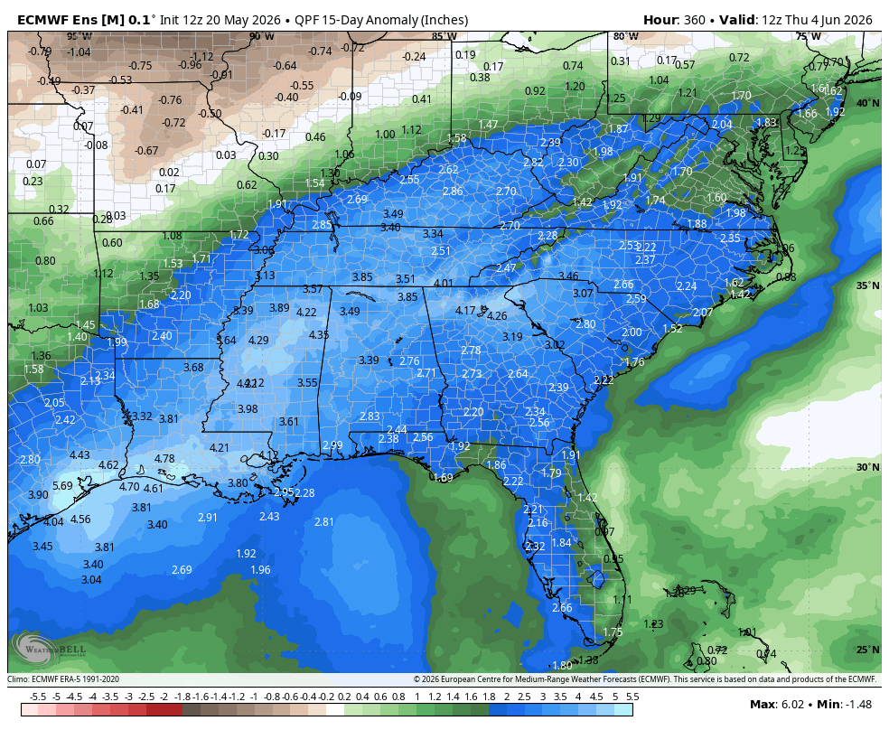 RaleighWx's tweet photo. A very wet period is commencing today. Here is the EPS forecast precipitation amounts and anomalies the next 15 days. Hopefully putting a big dent in the drought. Have your umbrellas on hand for a while. https://t.co/07aWs7V3gJ