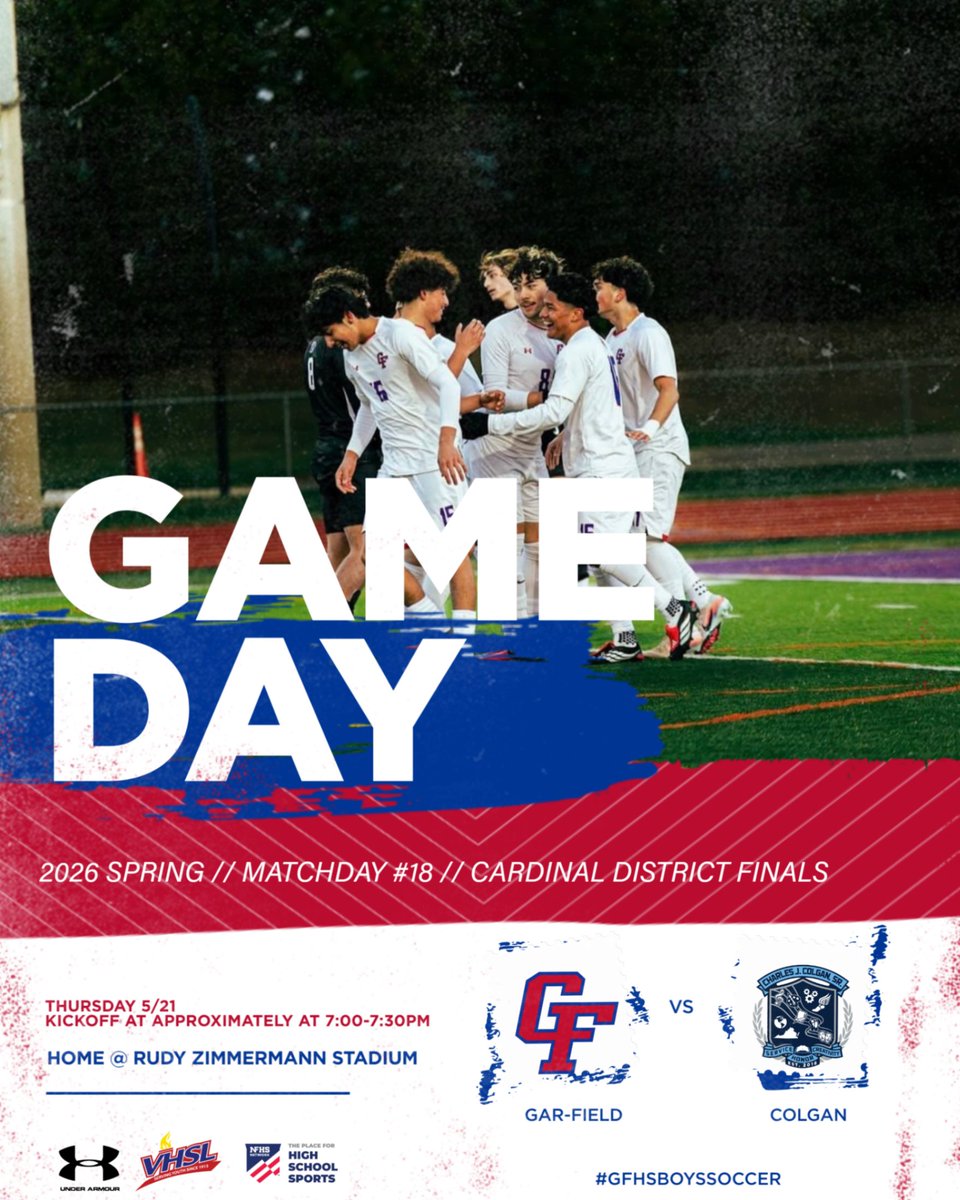 GarField_Soccer's tweet photo. CARDINAL DISTRICT FINAL! Come out &amp; support our boys as we take on Charles J. Colgan High School at home. Kick off will begin approximately at 7:00/7:30PM after the 3rd Place game &amp; warm ups. Let's make history today boys! https://t.co/mHMlfmOvwb
