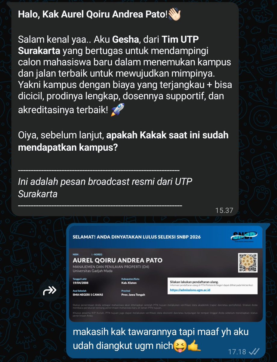 aan²⁶ - lolos snbp ugm 2026 tweet media