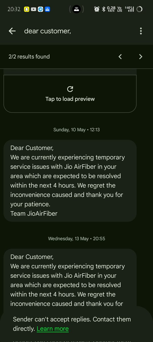 amar_upd's tweet photo. @JioCare @reliancejio @JioFiberVoice

Complaint Regarding Continuous Internet Outage (+91-5423585238)

Since 19 April, my JioAirFiber connection has been facing continuous outages and unstable internet. Every few days I only receive SMS saying “issue will be resolved in 4 hours”. https://t.co/BnbwpN6Gie