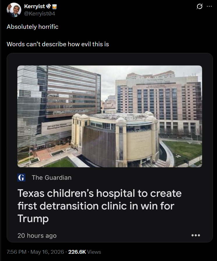 HomefrontBeacon's tweet photo. The logic is astounding. 

Not horrific = Mutilating your body and pretending you're the opposite gender, living in a fairy tale hell world. 

Horrific = trying to go back to being a normal person. https://t.co/YOptZNmsmq