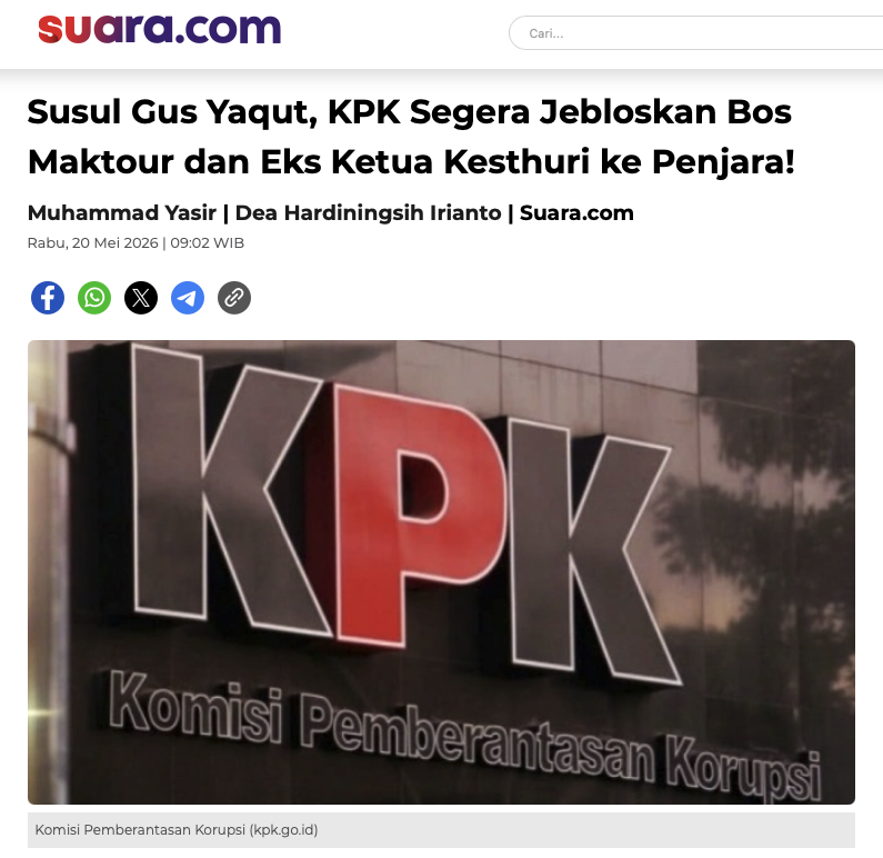 Stakof's tweet photo. Kalau seseorang dituduh korupsi, tapi penyidik belum menemukan satu rupiah pun mengalir ke kantongnya, apa yang sebenarnya sedang dihitung sebagai kerugian negara?

Ini bukan pertanyaan retoris karena ada preseden yang terdekat, yaitu: Nadiem Makarim.

Pihak yang berwenang menentukan rugi-tidaknya negara, kan, hanya BPK. Nah, BPK bilang tidak ada kerugian negara di kasus Nadiem.

Tapi jaksa menuntutnya 18+ tahun, dan bilang BPK itu gak independen (saya mengutip ini dari pak OC Kaligis).

Maret 2026, KPK menahan Gus Yaqut, mantan Menteri Agama, dalam kasus kuota tambahan haji 2024.

Inti tuduhannya: kuota tambahan 20.000 jemaah ia bagi rata, 10.000 reguler (50%) dan 10.000 khusus (50%), bukan proporsi baku 92:8.

KPK menyebutnya anomali dan menaksir kerugian Rp1 triliun, padahal yang ada baru potential loss. Ini artinya cuma hasil hitungan, bukan aliran dana yang benar-benar terungkap.

Dan Pasal 2 dan 3 Tipikor justru menuntut niat memperkaya diri (saya mengikuti kasus Nadiem dan mulai nge-bold dua pasal ini).

Sekarang. Kalau bukan demi uang, kenapa membagi kuota tambahan menjadi 50:50?

Coba perhatikan lokasinya. Mina dan Muzdalifah adalah titik paling rawan keselamatan dalam ibadah haji. Pernah ada tragedi terowongan 1990 yang menelan 1.426 korban jiwa. Crowd crush 2015 di jalur Jamarat jadi bencana haji terburuk sepanjang sejarah, korbannya: 769 versi Saudi sampai 2.000-an versi independen.

Pada tahun 2024, tepat di sinilah ruang itu menyusut.

Jika mekso skemanya harus 92:8, maka harus menjejalkan jemaah reguler ke 0,7 meter persegi di Zona Mina-4.

Namun jika dibagi menjadi 50:50, maka 50% kuota tambahan bisa dialokasikan ke Zona Mina yang lain (zona khusus, bukan Zona Mina-4).

Ini, kan, mudah diterima akal: menambah kepadatan di koridor yang sudah dua kali menjadi lokasi bencana terburuk haji adalah kezaliman.

Saya tidak sedang bilang tidak ada yang perlu diusut. Tapi pertimbangan keselamatan seperti ini apakah harus kalah dengan "mekso harus 92:8" versi KPK?

Heran.
