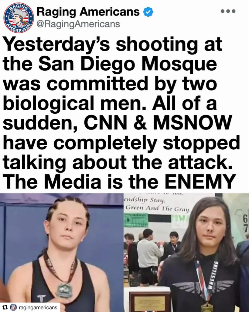 RenzoGracieBJJ's tweet photo. #Repost @ragingamericans 
・・・
Yesterday’s shooting at the San Diego mosque was carried out by two biological men who were allegedly in a romantic relationship. Suddenly CNN and MSNBC have gone completely silent on the story. The same networks that blast every shooting for weeks are now burying this one because it doesn’t fit their narrative.

The media only cares about violence when they can use it to push gun control or smear conservatives. When the perpetrators are biological men pretending to be something they’re not, the coverage vanishes overnight. This selective silence proves they are protecting an agenda, not reporting facts.

Americans deserve the truth about who is committing these attacks. The radical left’s obsession with gender ideology is creating dangerous, unstable individuals while the corporate media shields the public from the consequences. Enough with the cover-ups.

President Trump has always exposed the fake news for what it is — the enemy of the people. Their refusal to report basic biological reality and the identity of the shooters shows exactly why trust in legacy media is dead.

We will not let them memory-hole this story. Demand full transparency on the San Diego mosque shooting and every other act of violence. The truth matters more than their twisted ideology. Real Americans see through the lies and stand for honesty and accountability.