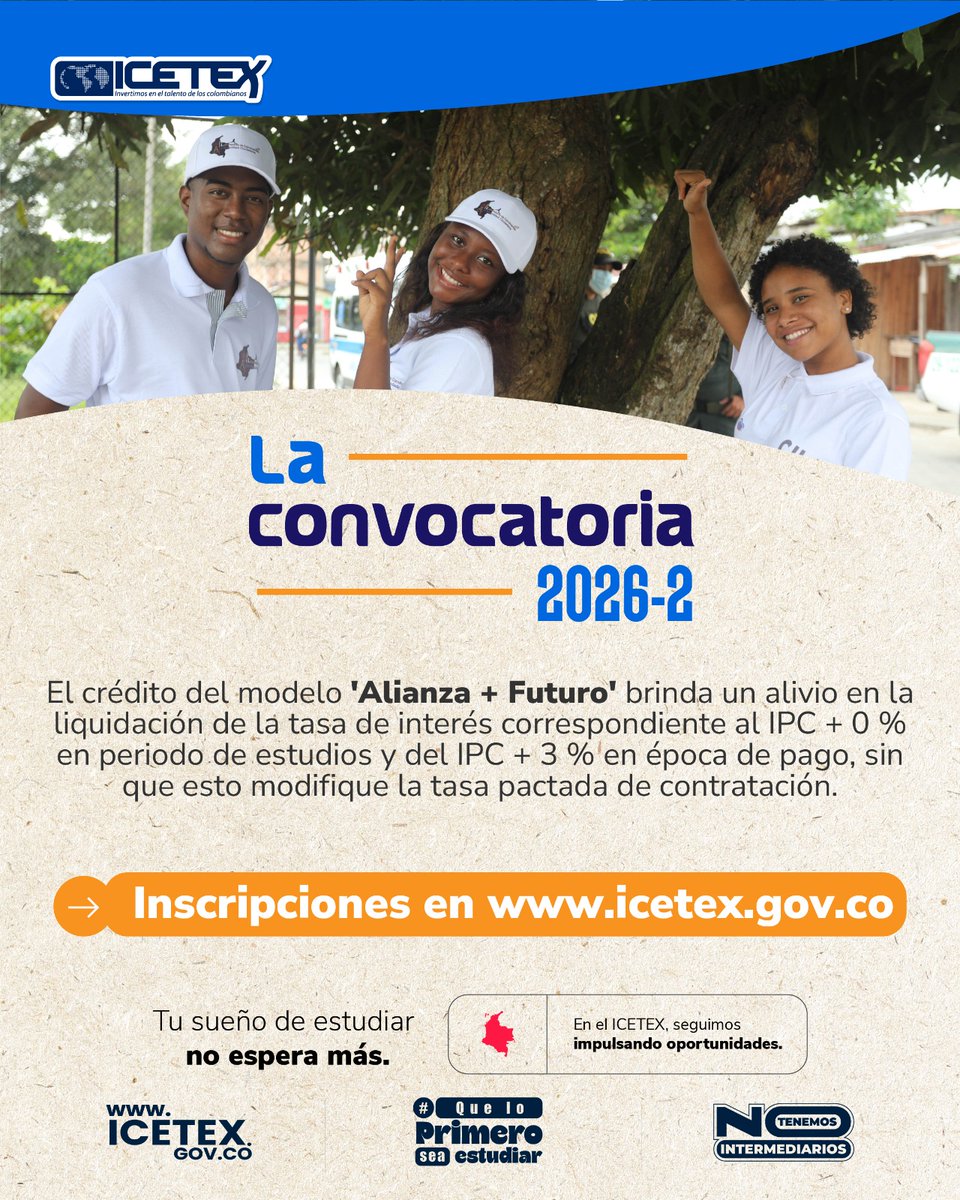 ICETEX's tweet photo. Las/los estudiantes matriculados en las universidades @UExternado, @Uni_Remington, #UNICOC, @icesi y @UniversidadEIA, podrán aplicar a crédito bajo los términos del modelo de cofinanciación diferida 'Alianza + Futuro'. Inscripciones en ➡️ https://t.co/d0aQR0XMHZ https://t.co/eZ487n9j6A