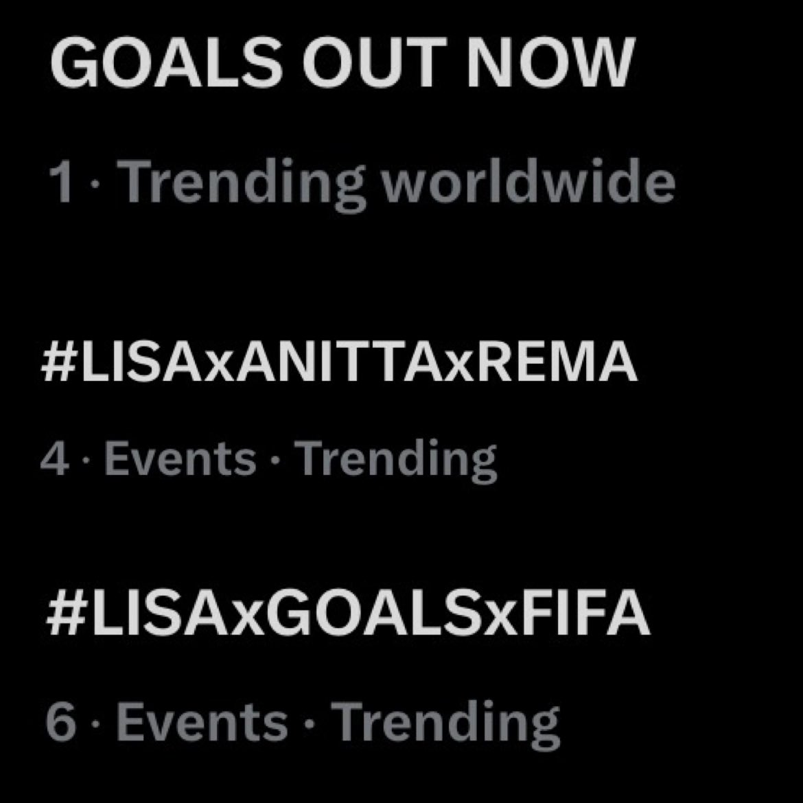LISANATIONS_'s tweet photo. Every tag going global. That’s “Goals.” 🌍🔥

GOALS OUT NOW 
#LISAxANITTAxREMA 
#LISAxGOALSxFIFA https://t.co/pp7C2ZaWc7