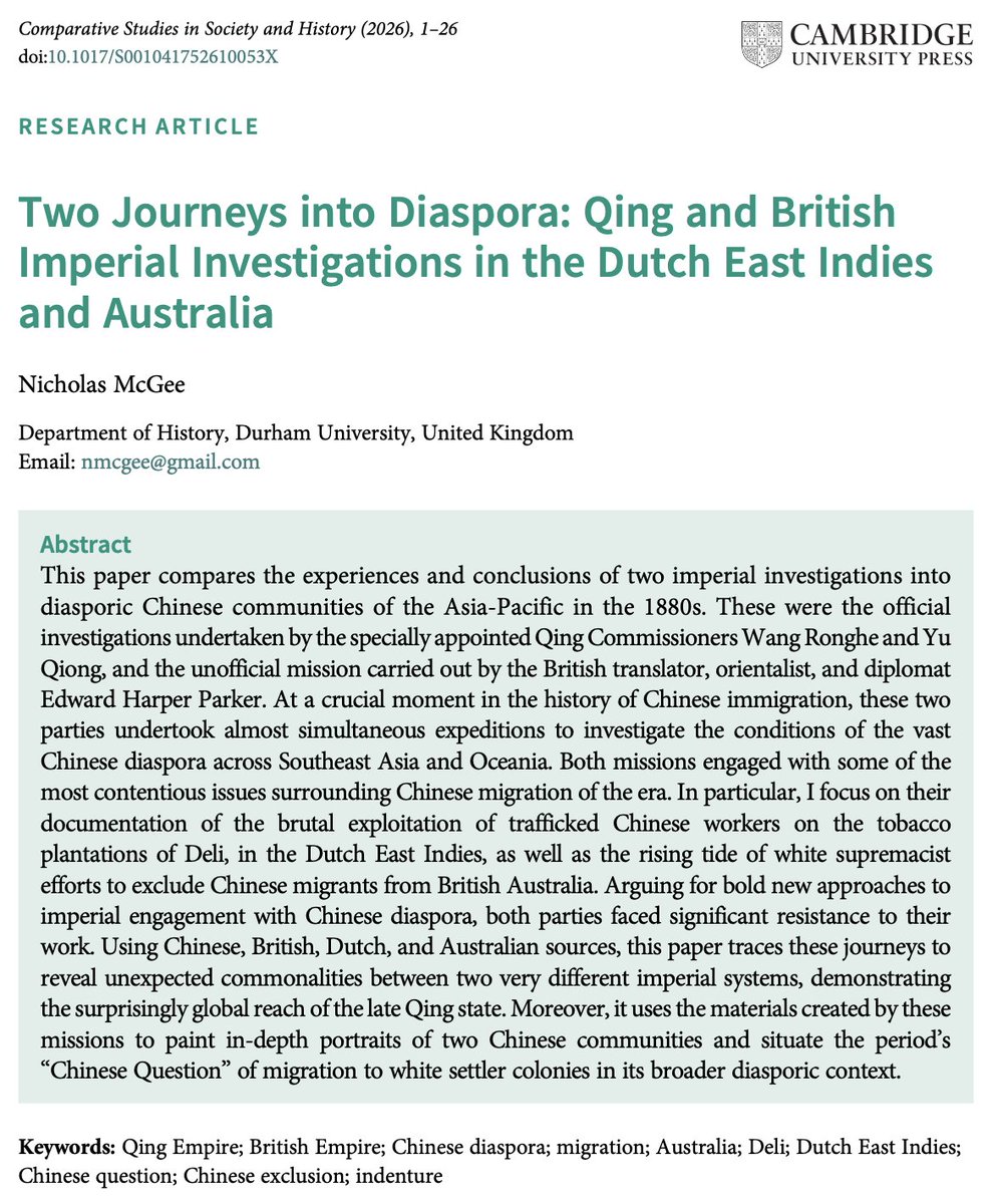 CSSHJournal's tweet photo. Nicholas McGee's "Two Journeys into #Diaspora: Qing and British Imperial Investigations in the Dutch East Indies and Australia" is out on FirstView! 

https://t.co/HyzpaTuu3j https://t.co/25Hkktdeek