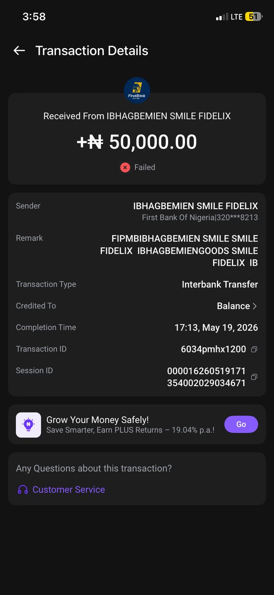 SmileFidelix's tweet photo. @FirstBankngr I made a transfer on the 19/05/26 from my First bank account 
Name- Smile Fidelix Ibhagbemien 
Bank- First Bank
Account- 3202218213

to my PalmPay Account
-Smile Fidelix Ibhagbemien 
-Palmpay
-8032283349

Which was failed, till now I haven’t gotten a refund.

WHY?? @FirstBankngr https://t.co/V9Tgeqcsk9