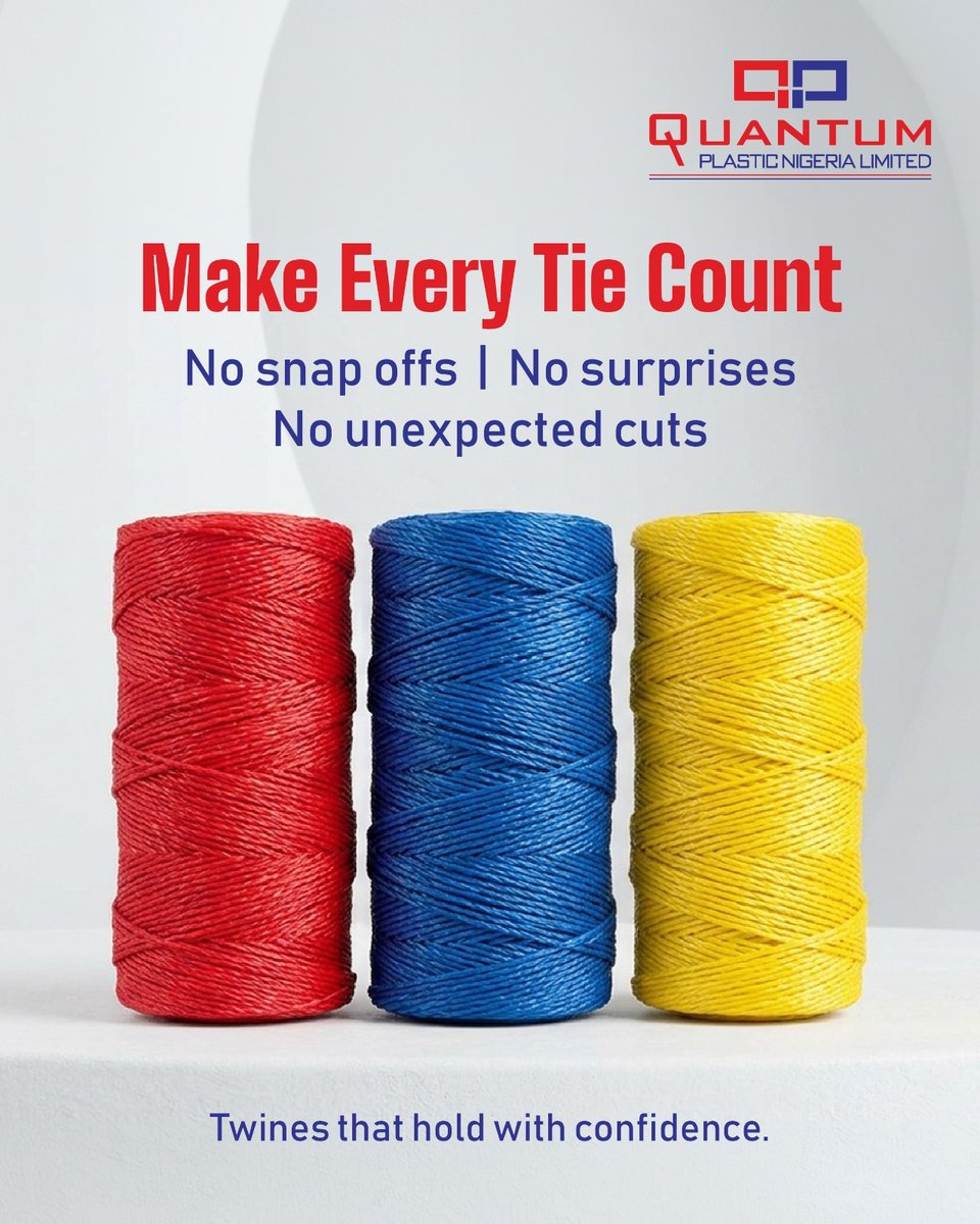 QuantumGroupNig's tweet photo. Companions come in different shapes and sizes, serving varying vital needs. These twines are your assured companions for all your bundling, packaging, and tying needs.
Enquiries: vvineet@qpnlnig.com | +234 8129934008
#QuantumHDPETwine #HDPETwine #QuantumPlastic #BuiltToHold https://t.co/BgHFiWl6K4