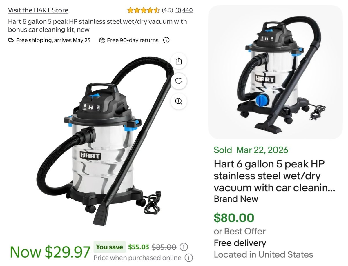 GlitchedDeals's tweet photo. HART 6-GALLON VACUUM FOR $29

Price dropped from $85 at Walmart, this model always sells out

Same stainless steel wet/dry vacuum sold on eBay for $80

Free shipping for Walmart+ members or on orders $35+

https://t.co/Krqz8cDBVe #ad https://t.co/oGDDbHUO6m