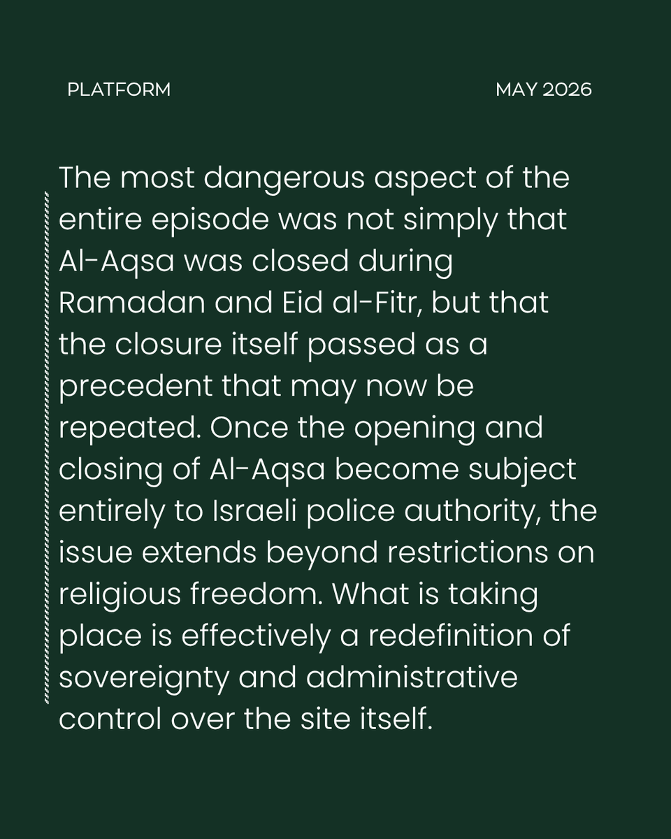 platform_ilke's tweet photo. "When the opening and closing of the Al-Aqsa Mosque becomes entirely subject to the authority of the Israeli police, the issue goes beyond restrictions on religious freedom. What is happening effectively amounts to a redefinition of sovereignty and administrative control over the site in question."

Abdullah Ömer (@AbdallahMarouf) wrote for The Platform.
https://t.co/b4DqqUu8jU