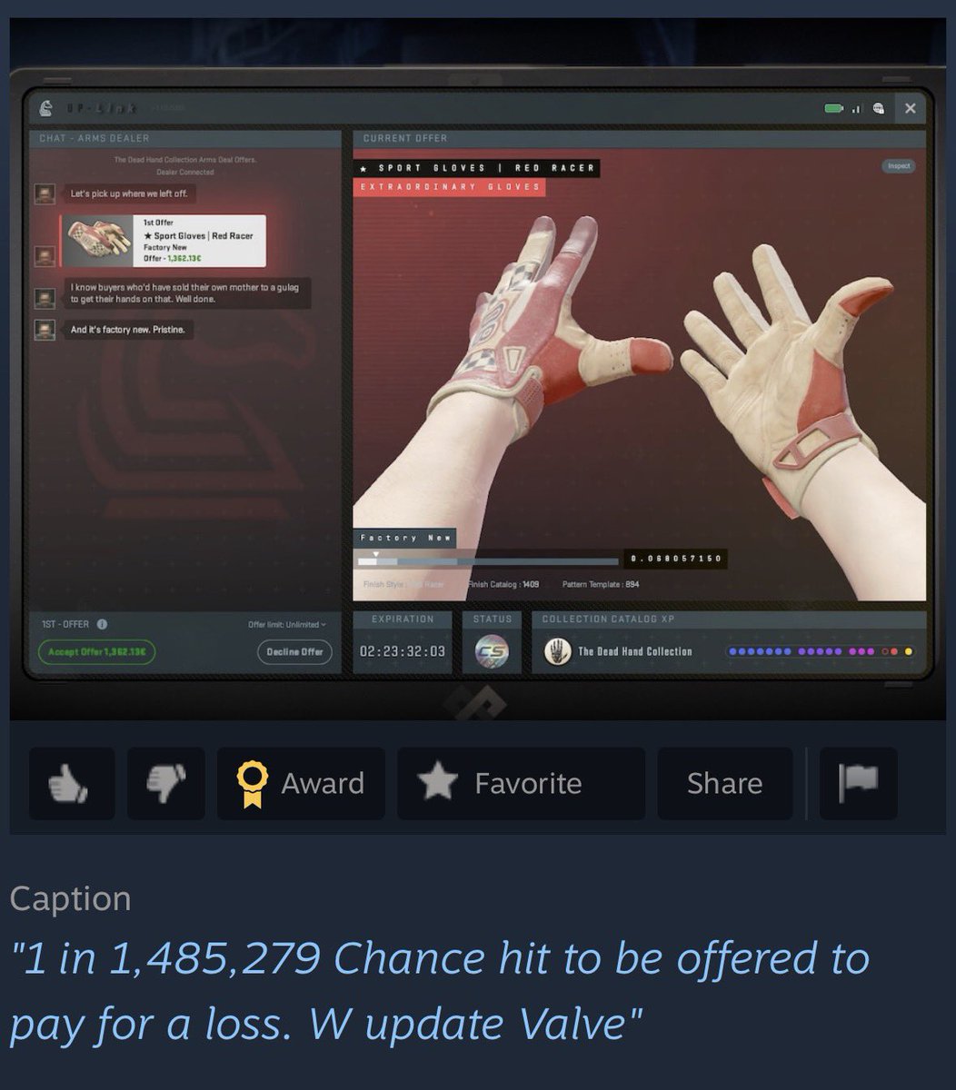 VantomCS's tweet photo. @NeonCS And I Hit 1/12 FN Gloves and get the premium exclusive Chance to buy it for +- marketprice LMAO https://t.co/ZFgi4C8vwg