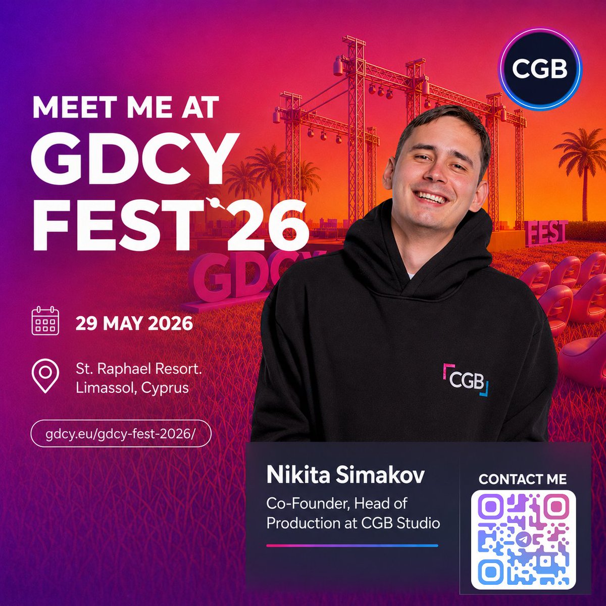 CgbStudio60193's tweet photo. Hey Partners! 👋
I'm so excited to be heading to GDCy FEST 2026 in Cyprus!
As Co-Founder at CGB Studio, I can’t wait to meet game development professionals!🌴

📩 Feel free to reach out to me on Telegram, I’d be thrilled to connect and meet you in person!

See you at GDCy FEST! https://t.co/7PSRta2zYZ