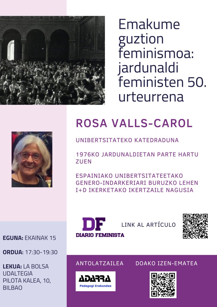 AdarraE's tweet photo. Rosa Vallsek jardunaldi horietan parte hartu zuen eta, gainera, 50 urte daramatzana lanean emakume guztien feminismoaren aldeko auzo batean.
Memoria historikoa berreskuratu nahi dugu, feminismo dialogikoan aurrera egiten jarraitzeko, ahots guztiak sartuta
https://t.co/HxeA4abDmZ https://t.co/ympBjWHg5a
