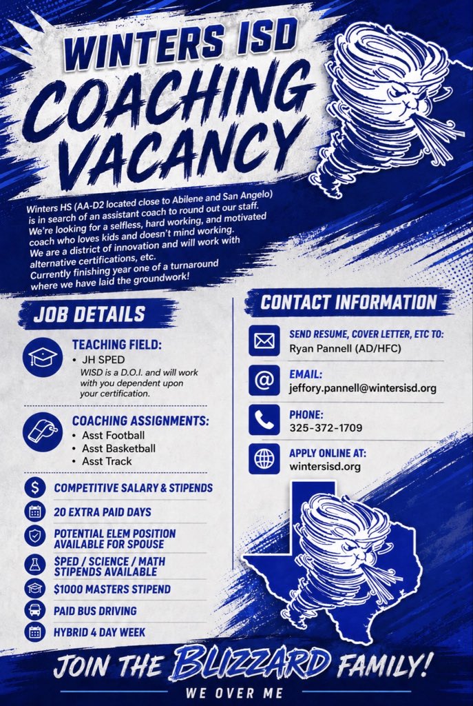 BlizzardPride's tweet photo. Winters ISD is hiring! Come coach with us 🌪️ 

#WeOverMe https://t.co/Rxmfbg3NAK
