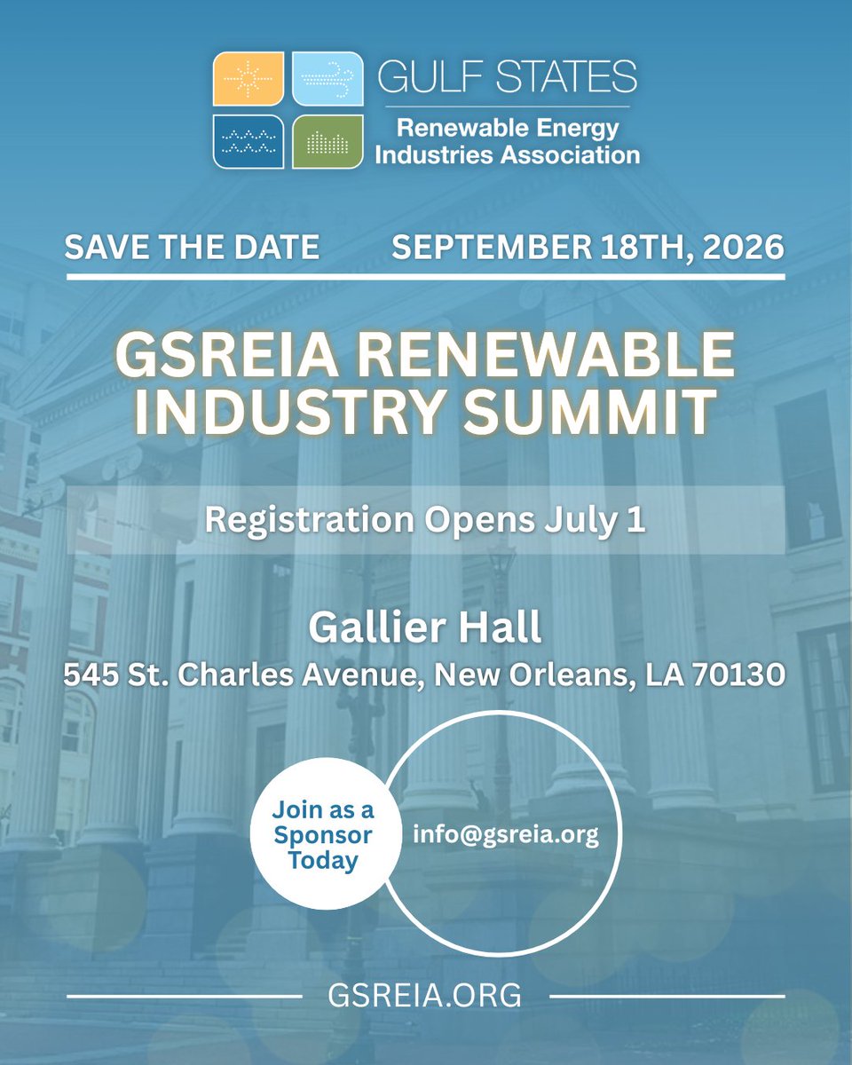 GSRenew's tweet photo. Join business & finance partners from across the Gulf Coast for the Renewable Industry Summit!

Get ahead of industry trends and diversification, take advantage of dynamic networking & be part of the conversation that will shape our future. September 18 at New Orleans' Gallier Hall, a unique venue that exudes the city's culture and rich history.

Interested in sponsoring the summit? Email info@gsreia.org