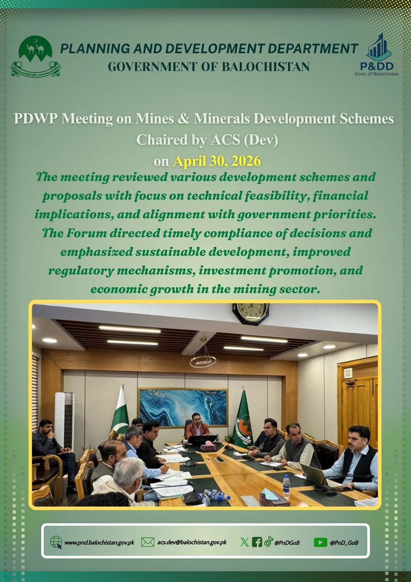 PnDGoB's tweet photo. The Provincial Development Working Party (PDWP) Meeting regarding the schemes and proposals of the Mines and Minerals Development Department was held on 30th April 2026 under the chairmanship of the ACS (Development). https://t.co/CKn4UMBN3L