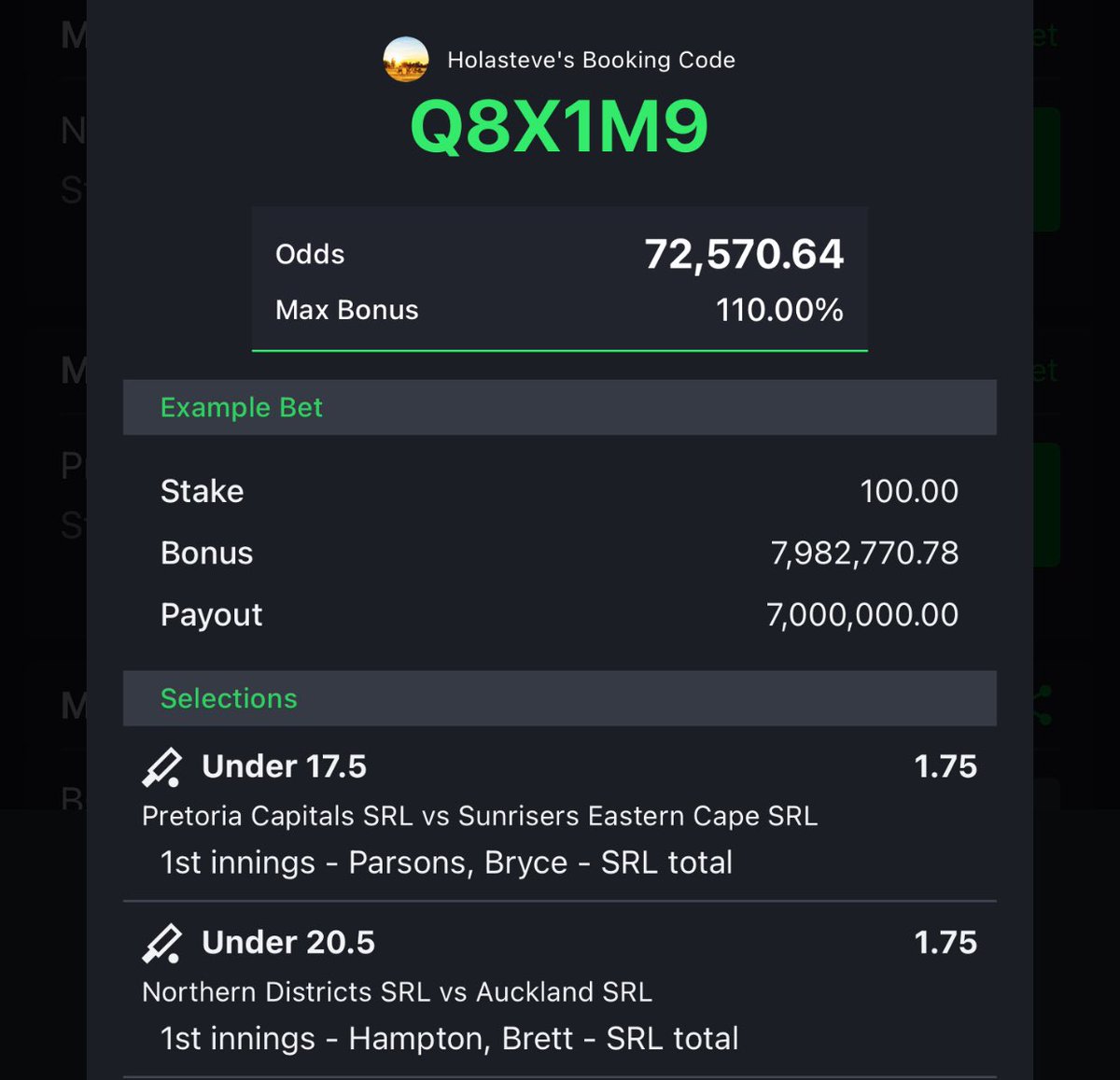 HolaSteve4's tweet photo. 21st - 22nd 🏏 

72,590 odds            Q8X1M9 (20games)

                              🐐 

470 odds                     QWY29L

Bet responsibly 🔞🔞 https://t.co/DNTKohd1sS