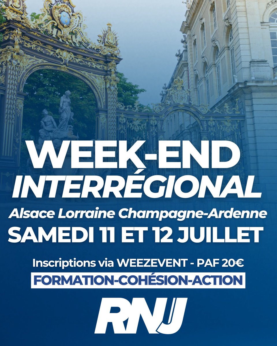 RNJAlsace's tweet photo. 🇫🇷 Nous vous donnons rendez-vous les 11 et 12 juillet pour notre week-end cohésion du RNJ Alsace Lorraine Champagne-Ardenne.

➡️ Au programme : échanges, formations, apéro et action !

🔵 Inscription obligatoire par weezevent : https://t.co/IOYbSKhUvI https://t.co/aR2tnju2L7