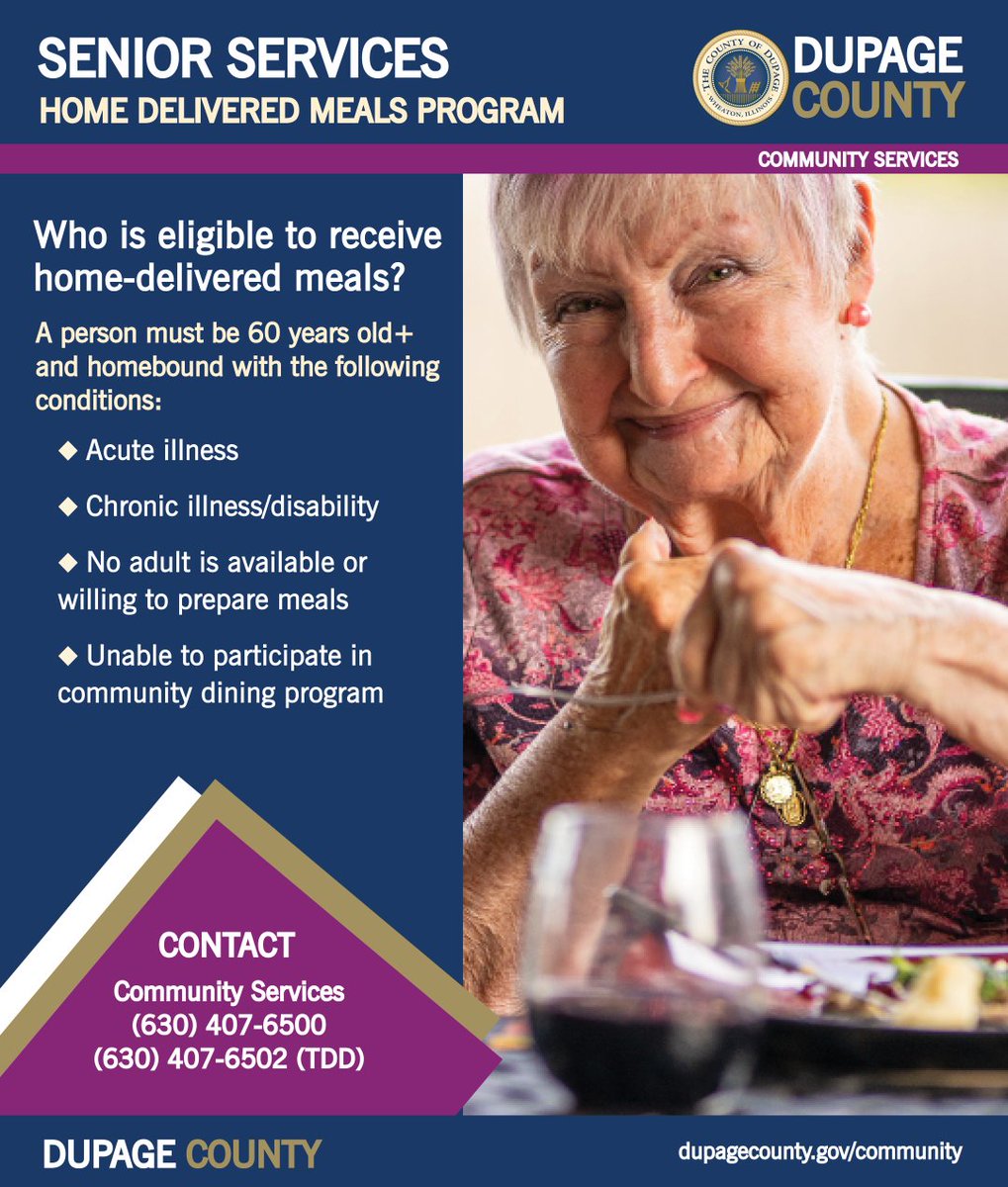 DuPageCountyCS's tweet photo. If you or someone you know is at least 60 years old and homebound because of an illness/disability, he or she may qualify to receive home-delivered meals through #DuPageCounty. Call 630-407-6500☎ to find out. To find other meal programs or food help, call 211.

#SeniorServices https://t.co/eJkMdoRuz8